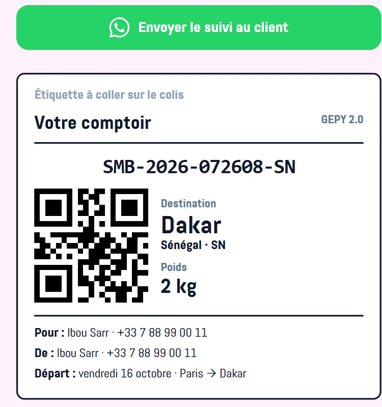 Une étiquette de colis avec son QR code et le bouton d'envoi du suivi sur WhatsApp