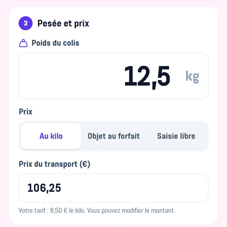 Le guichet de Sambaty GEPY 2.0 : client, départ, poids et prix du colis